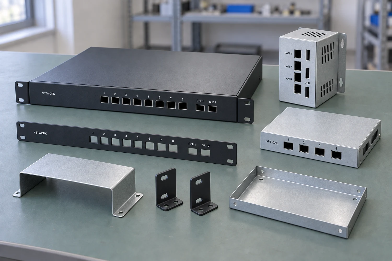 Silk-screened network chassis and industrial gateway housings with matching panels, covers and brackets