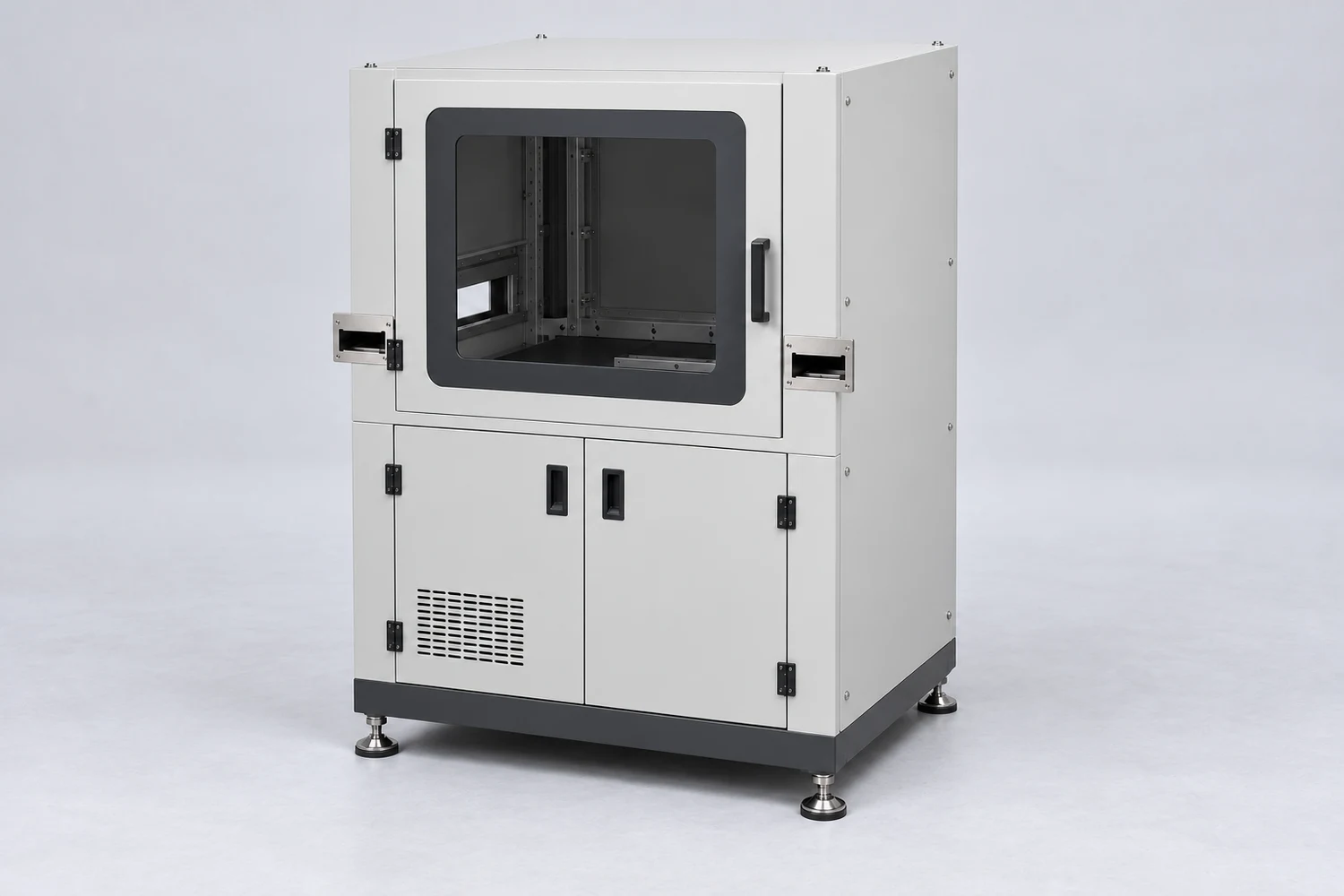 Light gray inspection-equipment enclosure with a dark observation window and lower access panels
