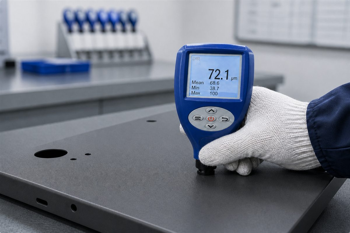 Direct-contact coating thickness gauge measuring a finished powder-coated sheet metal part
