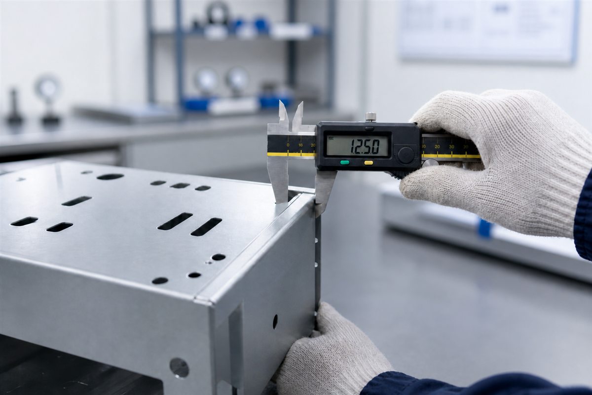 Digital caliper measuring a raw sheet metal part in the quality inspection area