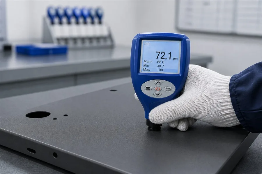 Direct-contact coating thickness gauge measuring a finished powder-coated sheet metal part